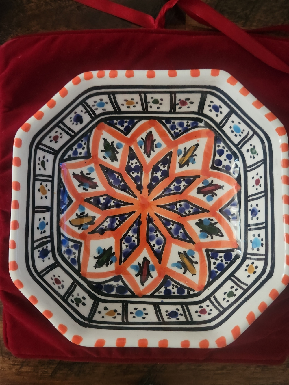 Hand-Painted Orange Floral Octagonal Ceramic Plate - Home Dining